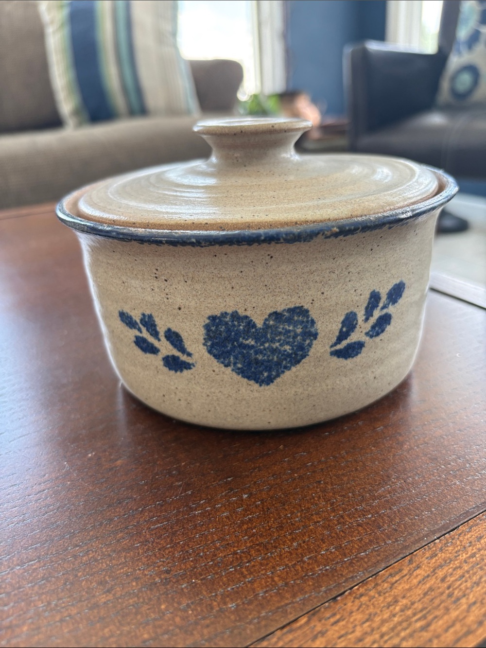 Vintage salt-glazed stoneware butter crock, hand thrown pottery